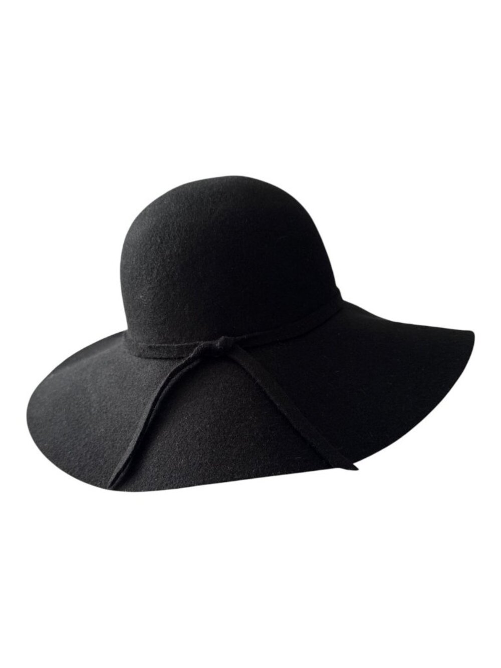 100% Wool Wide-Brim Black Floppy Hat With Decorative Tie - One Size Fits Most